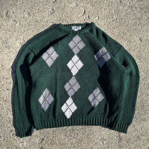 vintage Men's Dark Green Argyle Crewneck Sweater